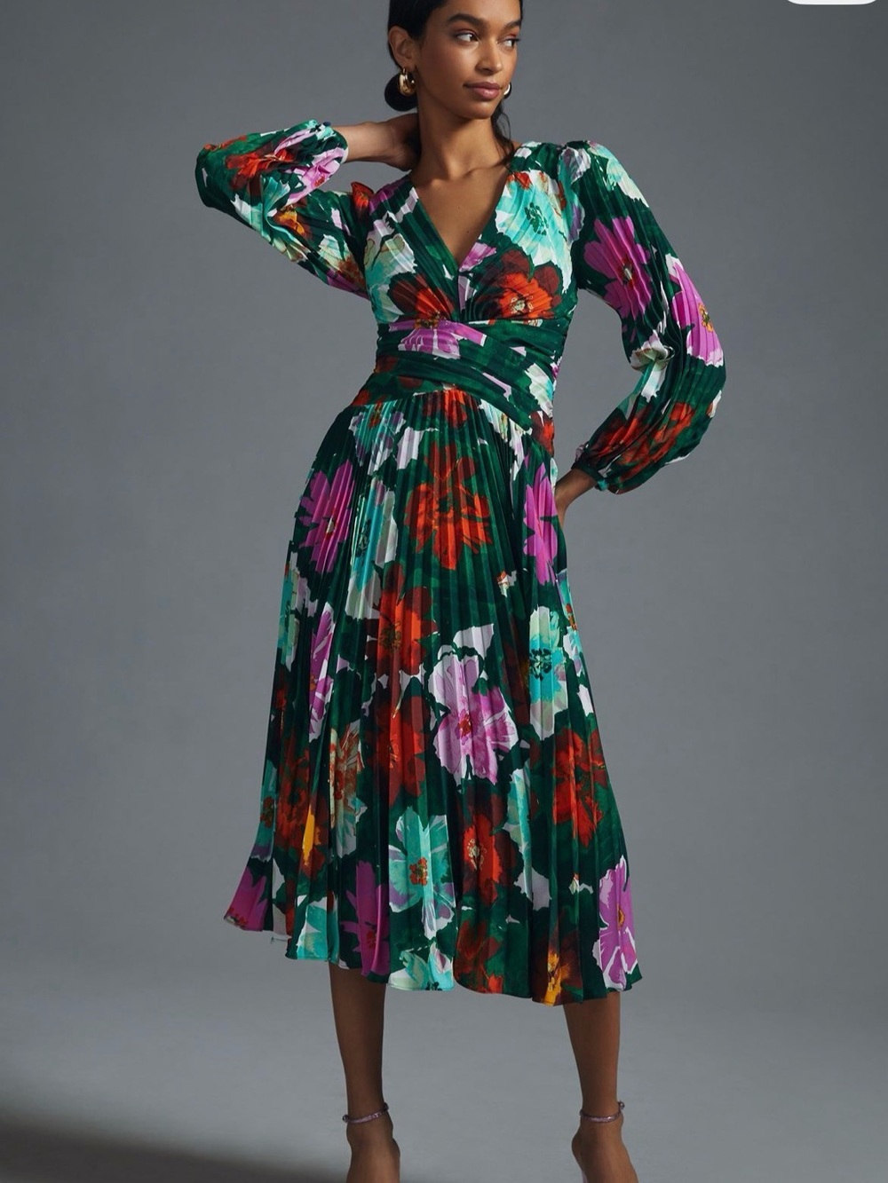 Anthropologie Dark Green Floral Pleated Midi Dress - Picture 1 of 4